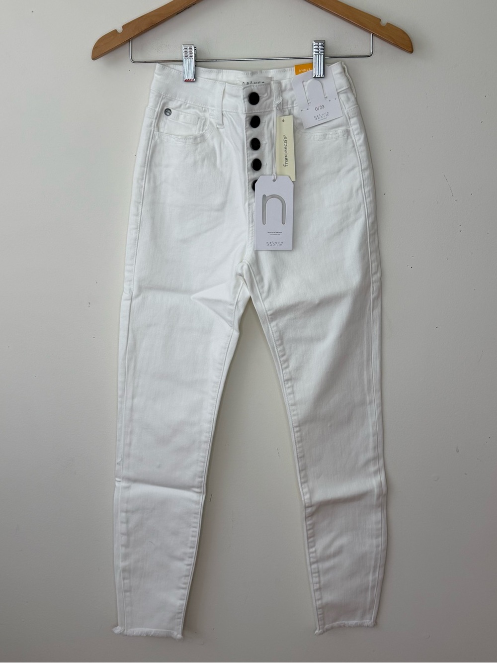 Francesca’s Nature Denim White High Rise Ankle Skinny Jeans Button Fly Stretch 0